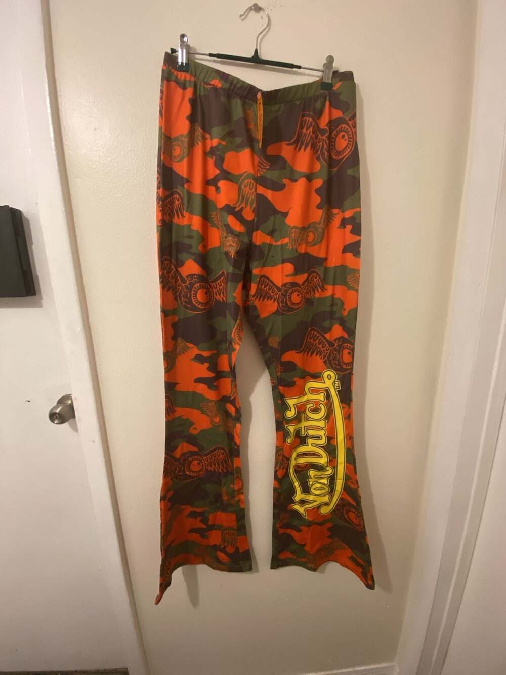 Von Dutch Orange and Green Camo Print Flare Pants
